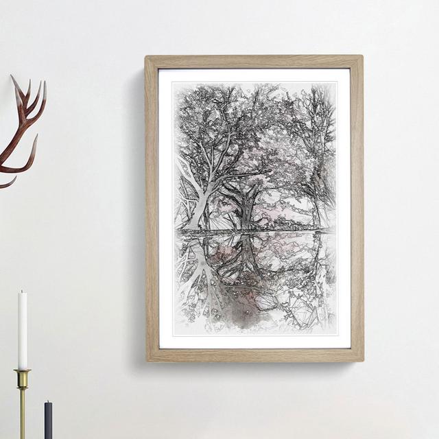 Reflection Of The Pink Blossom Trees Sketch - Single Picture Frame Print on MDF East Urban Home Size: 87cm H x 62cm W x 2cm D, Frame Option: Oak Frame on Productcaster.