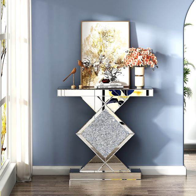 Mirrored Glass Console Table with Crushed Diamond Inlay Blue Elephant Size: 76.2 H x 81.3 W x 29.5 D cm on Productcaster.