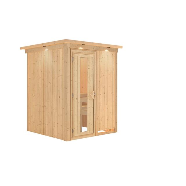 Sauna "Minja" mit Energiespartür und Kranz naturbelassen Karibu Heizgerät enthalten: Ohne Ofen on Productcaster.