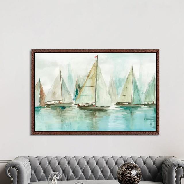 Blue Sailboats I by Allison Pearce - Painting on Canvas Breakwater Bay Size: 101.6cm H x 152.4cm W x 3.81cm D, Format: Classic Brown Wood Framed Canva on Productcaster.