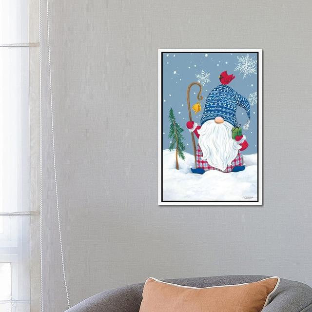 Snowy Gnome With Present by Diane Kater - Print on Canvas Ebern Designs Size: 66.04cm H x 45.72cm W x 3.81cm D, Format: White Framed on Productcaster.