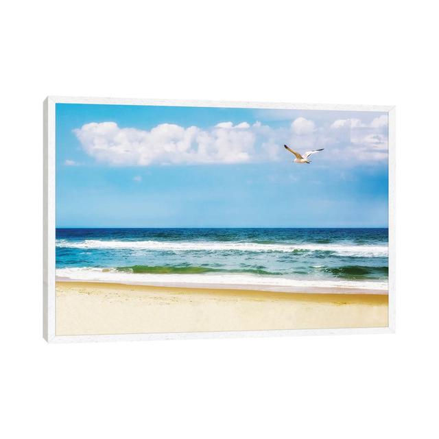 Peaceful Beach With Seagull Soaring II Highland Dunes Format: White Framed, Size: 66.04cm H x 101.6cm W x 3.81cm D on Productcaster.