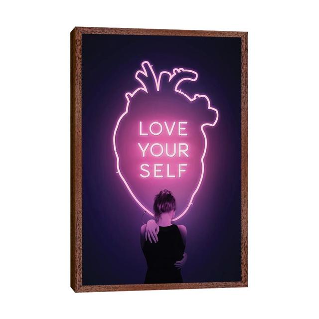 Love Yourself Happy Larry Format: Classic Brown Wood Framed, Size: 66.04cm H x 45.72cm W x 3.81cm D on Productcaster.