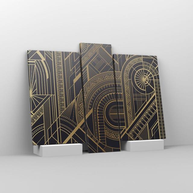 Ornament Gold Black - 3 Piece Wrapped Canvas Graphic Art Ivy Bronx Size: 80cm H x 95cm W x 1.8cm D on Productcaster.