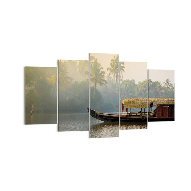 India Boat River - 5 Piece Wrapped Canvas Graphic Art Bay Isle Home Size: 85cm H x 160cm W x 1.8cm D on Productcaster.