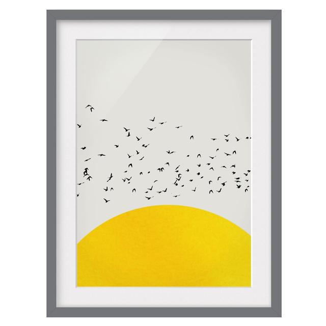 Flock of Birds in Front of Yellow Sun - Picture Frame Graphic Art Marlow Home Co. Size: 70cm H x 50cm W x 2cm D, Frame Option: Grey Framed on Productcaster.