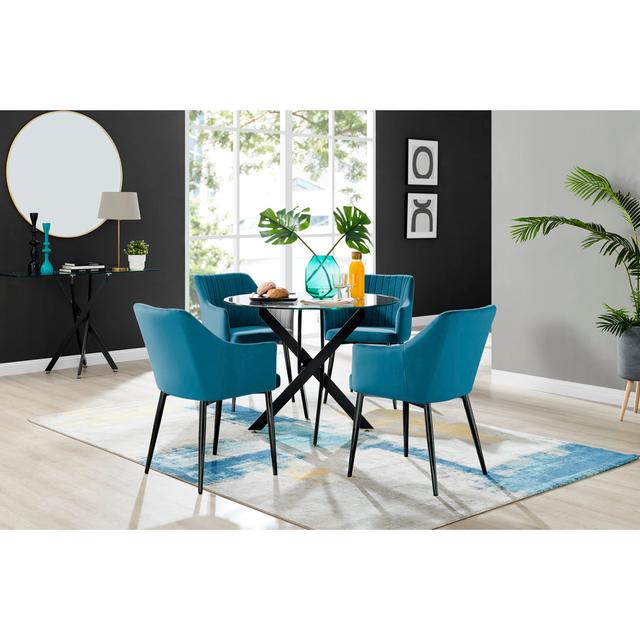 Eubanks Black Leg Round Glass Dining Table & 4 Black Calla Black Leg Chairs Canora Grey Colour (Table Top): Glass, Colour (Chair): Blue on Productcaster.