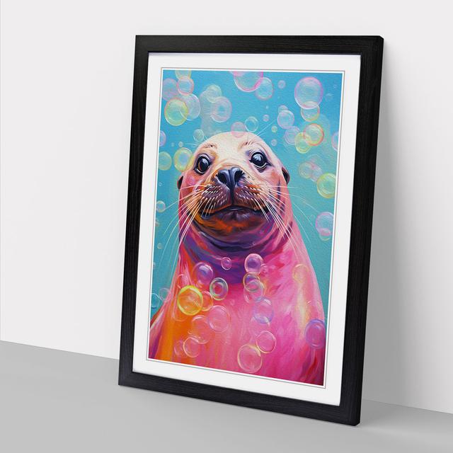 Sea Lion Bubble Gum Painting House of Hampton Size: 34cm H x 25cm W x 2cm D, Format: Black Framed on Productcaster.