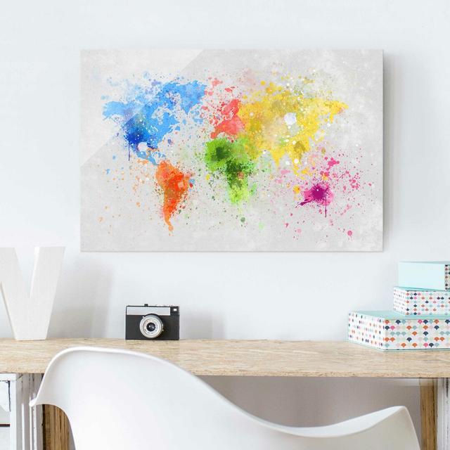 Colourful, Paint-Splattered World Map - Painting Print on Glass East Urban Home Size: 40 cm H x 60 cm W on Productcaster.