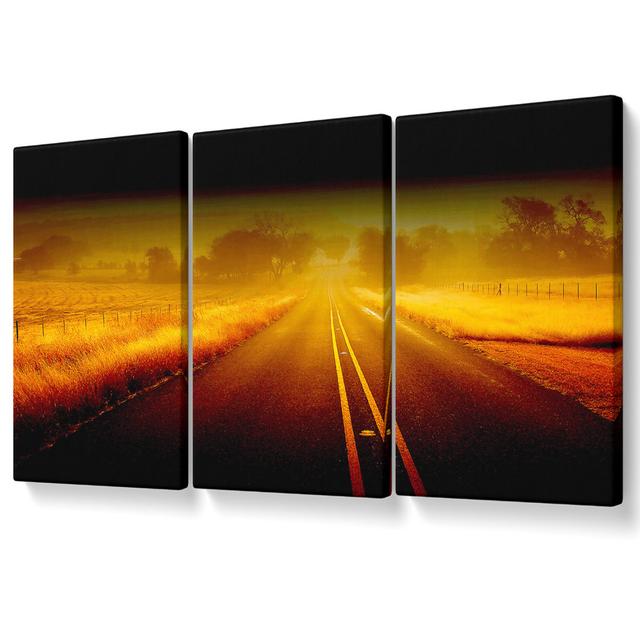 Misty Road - 3 Piece Wrapped Canvas Graphic Art Ebern Designs Size: 142.2cm H x 304.8cm W on Productcaster.