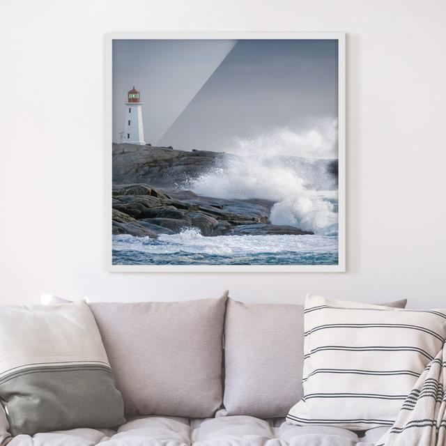 Storm Waves at the Lighthouse - Picture Frame Photograph Longshore Tides Frame Option: White Framed, Size: 50cm H x 50cm W x 2cm D on Productcaster.