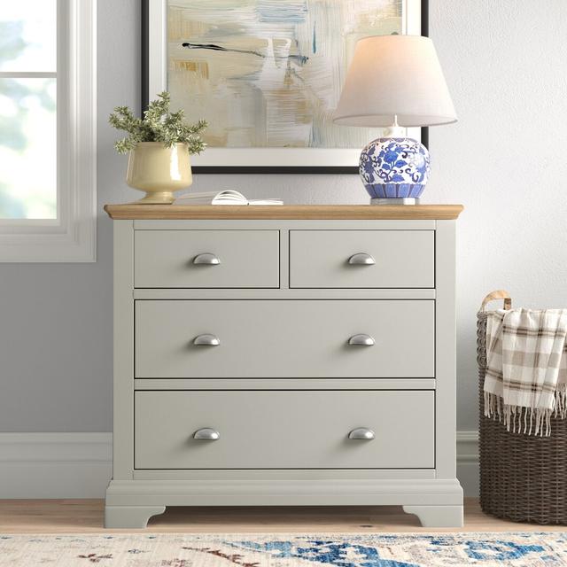 Chest of Drawers made of Oak with 4 Drawers in Pale Oak/Soft Grey in Soft Grey/Pale Oak by Three Posts with Width: 100Cm on Productcaster.