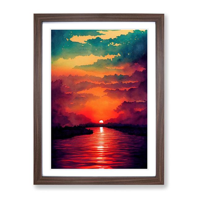 Watercolour Sunset Lake No.6 Latitude Run Size: 64cm H x 46cm W x 2cm D, Frame Colour: Walnut on Productcaster.