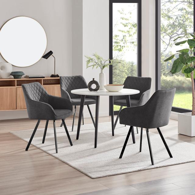 Bulkley Gloss Round Dining Table & 4 Luxury Fabric Dining Chairs - Melamine Scratch Resist Top Furniture Box Table Top Colour: White, Chair Colour: Da on Productcaster.