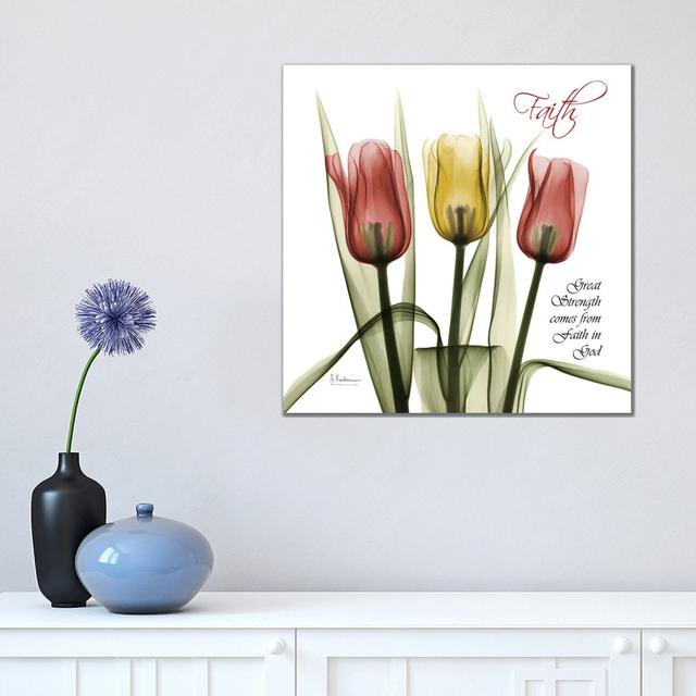 Faith Tulips - Wrapped Canvas Typography Happy Larry Size: 45.72cm H x 45.72cm W x 3.81cm D on Productcaster.