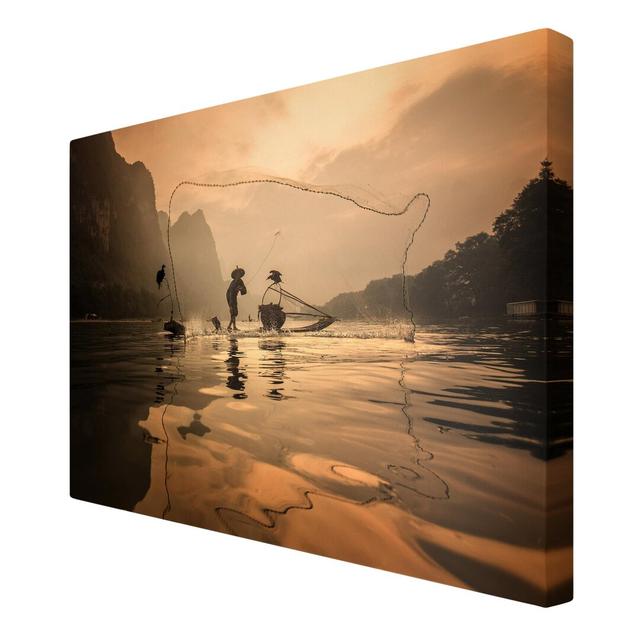 Fishing at Dawn - Wrapped Canvas Graphic Art Print East Urban Home Size: 120cm L x 180cm W on Productcaster.