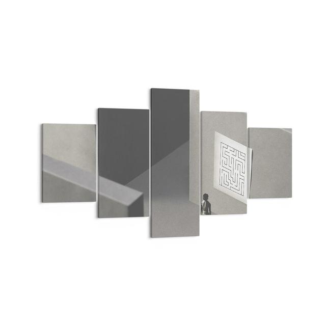 Maze Grey Lost - 5 Piece Wrapped Canvas Graphic Art Ivy Bronx Size: 70cm H x 125cm W on Productcaster.