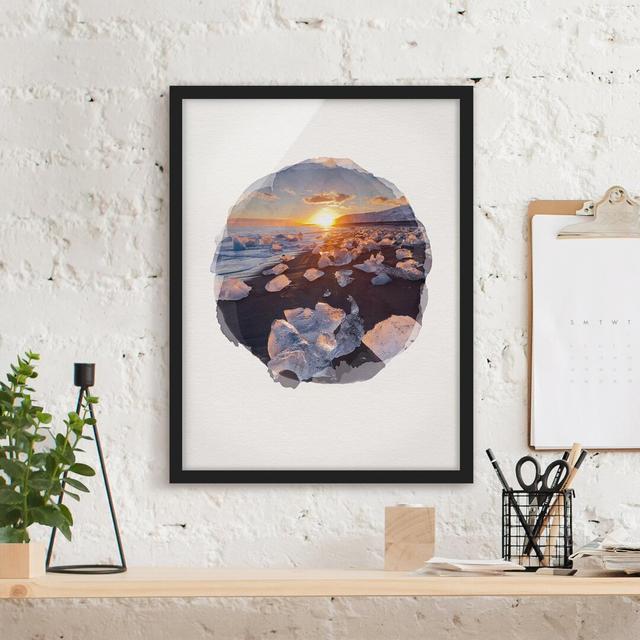 Picture With Frame - Watercolors - Ice Chunks On The Beach Iceland - Portrait 4:3 Highland Dunes Size: 100cm H x 70cm W x 2cm D, Frame Option: Black F on Productcaster.