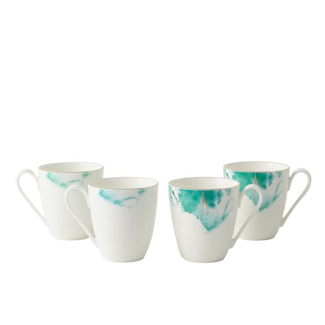 Tea Cups Coffee Mugs Set 4 Premium Porcelain Water Colour Pattern Gold Banding 400Ml (Set of 4) Ivy Bronx on Productcaster.