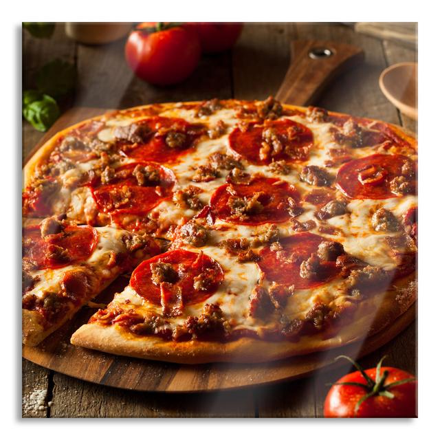 Pizza With Salami And Tomatoes - No Frame Print on Glass Brayden Studio Size: 70cm H x 70cm W x 0.4cm D on Productcaster.