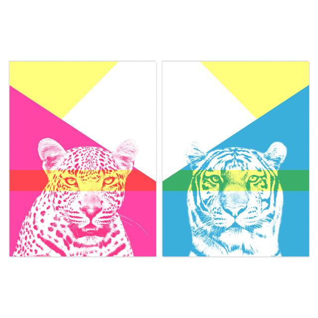 Neon Tiger Leopard Vivid Jungle Animal Portrait Bold Geometric - 2 Piece No Frame Print Set Wee Blue Coo Size: 29.7cm H x 21cm W x 0.4cm D on Productcaster.