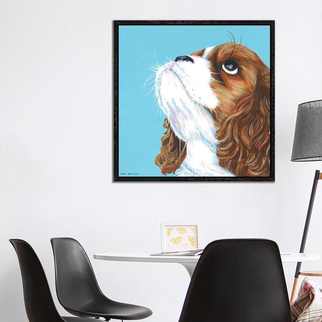 King Charles Cavalier On Aqua, Square by Kirstin Wood - Painting on Canvas Latitude Run Size: 93.98cm H x 93.98cm W x 3.81cm D, Format: Black Framed on Productcaster.