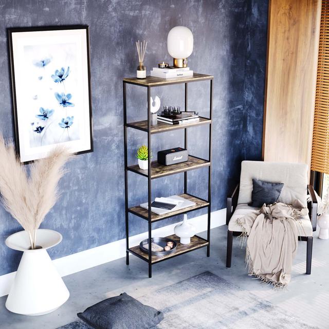 Sylvie 5 tier Industrial Style Bookcase Living Room Shelving Unit With Metal Frame Borough Wharf Colour: Dark Brown on Productcaster.