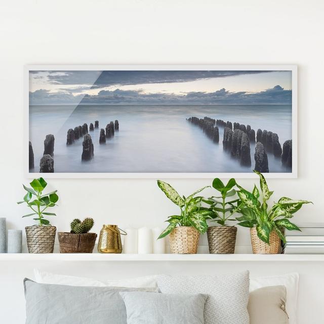 Picture With Frame - Holzbuhnen In Der Nordsee Auf Sylt - Landscape Panorama Highland Dunes Size: 30cm H x 75cm W x 2cm D, Frame Option: White Framed on Productcaster.