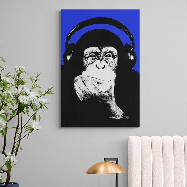 Banksy Style Monkey Headphones Thinking Blue - Canvas Wall Art Framed Print - Various Sizes Maturi Size: 81cm H x 61cm W x 4cm D on Productcaster.