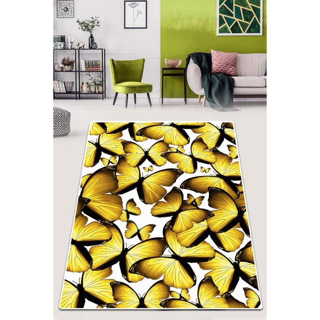 Vetter Butterfly Shaggy Yellow/Black Rug Brambly Cottage Rug Size: Rectangle 100 x 200cm on Productcaster.