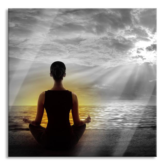 Woman Meditating on the Beach - Unframed Photograph on Glass Highland Dunes Size: 60cm H x 60cm W x 0.4cm D on Productcaster.