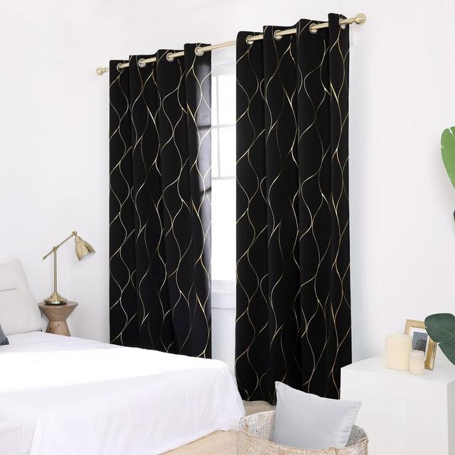 Valmar Ivy Bronx Wave Foil Printed Thermal Insulated Curtains Room Darkening Curtains Eyelet Curtains Ivy Bronx Colour: Black, Panel Size: Width 132 x on Productcaster.