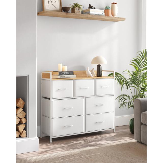 Chest Of Drawers, Bedroom Cabinet, 7 Fabric Drawers With Handles, Metal Frame Borough Wharf Colour: Cloud White/Oak on Productcaster.