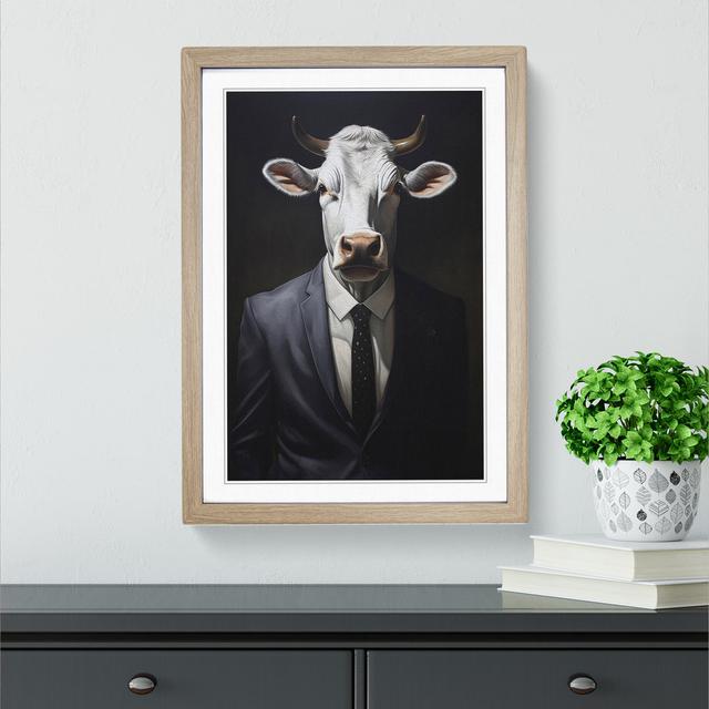 Cow In A Suit Painting - Single Picture Frame Print on Wood Big Box Art Size: 34cm H x 25cm W x 2cm D, Frame Colour: Oak Framed on Productcaster.