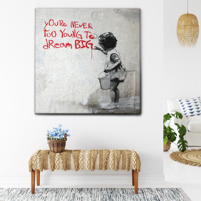 Happy Larry - Quadro - Banksy - Never Too Young - Tela Canvas Telaio Premium Alto Spessore 5 Cm - 100X100 - Pronto Da Appendere - Quadri Moderni Per L on Productcaster.