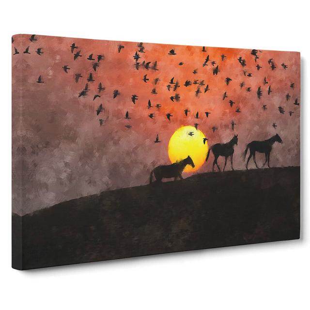 Birds And Horses At Sunset - Wrapped Canvas Painting East Urban Home Size: 35cm H x 50cm W x 3cm D on Productcaster.