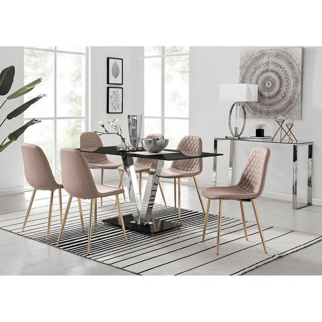 Ransart Modern Luxury Glass & Metal Dining Table Set With 6 Luxury Faux Leather Dining Chairs Canora Grey Colour (Chair): Cappuccino/Gold on Productcaster.