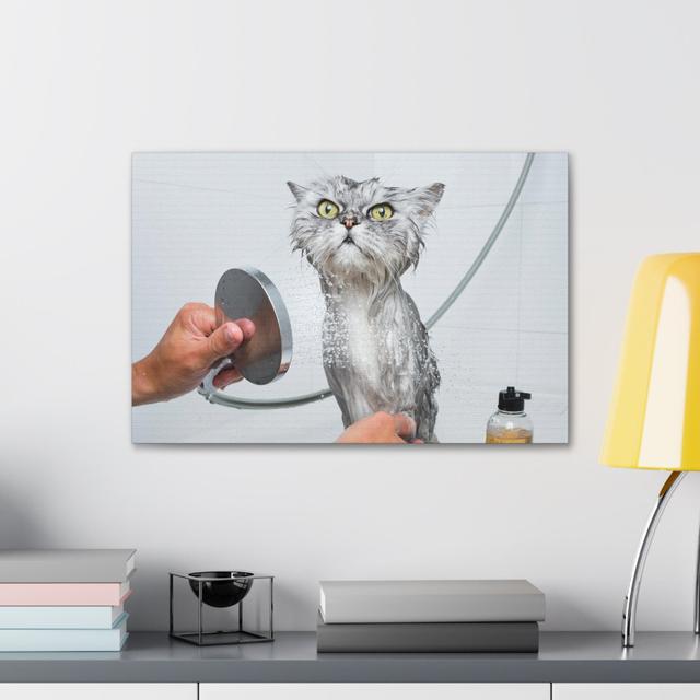 Funny Wet Cat Bath Canvas Wall Art Happy Larry Size: 12cm H x 18cm W on Productcaster.