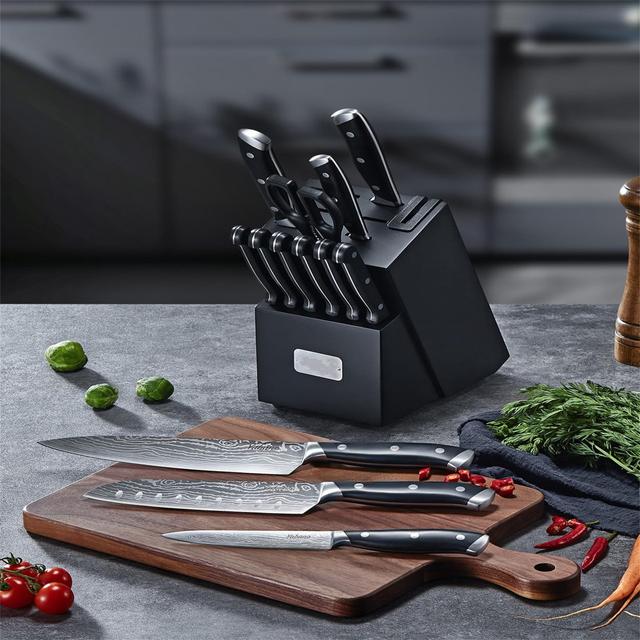 14-Piece Kitchen Knife Set With Built-In Sharpener Wooden Knife Block Belfry Kitchen on Productcaster.