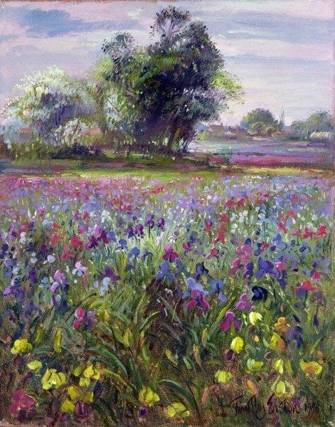 Irises and Distant May Tree, 1993 by Timothy Easton Art Print East Urban Home Format: Unframed Paper, Size: 28cm H x 22cm W x 0.2cm D on Productcaster.