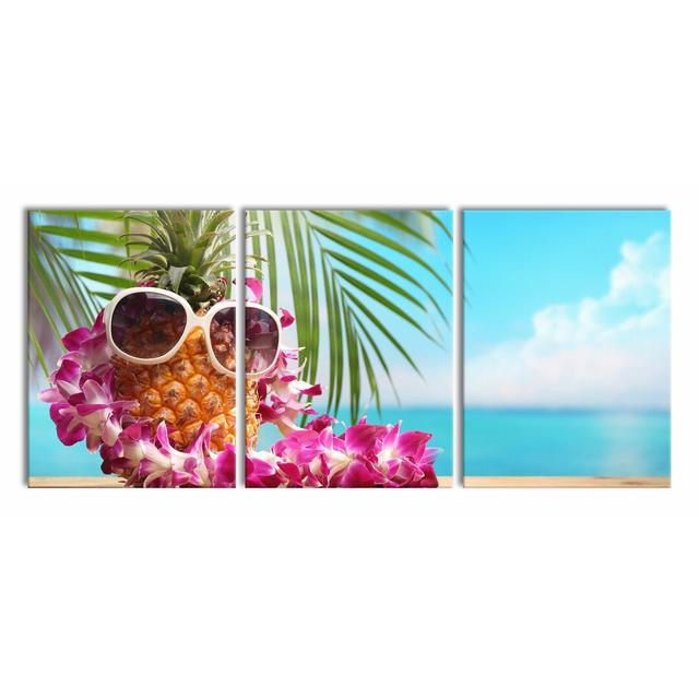 Pineapple With Sunglasses - 3 Piece Wrapped Canvas Print East Urban Home Size: 80cm H x 180cm W on Productcaster.