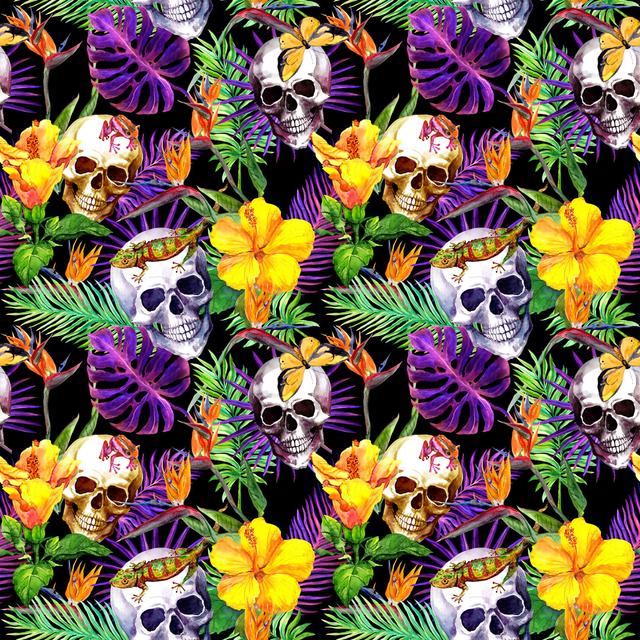 Human Skulls, Tropical Leave by Zzorik - Wrapped Canvas Art Prints Happy Larry Size: 91cm H x 91cm W x 3.8cm D on Productcaster.