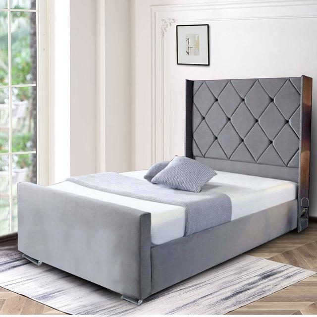 London Wing Plush Fabric Upholstered Bed Ebern Designs Colour: Steel Gray , Size: Double (4'6) on Productcaster.