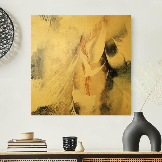 Golden Abstract Winter Painting - Wrapped Canvas Painting Canora Grey Format: 260g/m² canvas, Size: 70cm H x 70cm W, Frame Option: Gold on Productcaster.