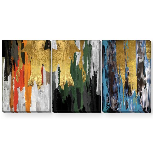 The Abstract Curtain - 3 Piece Painting Set on Canvas Clock Canvas Size: 60cm H x 120cm W x 3.8cm D, Format: Wrapped Canvas on Productcaster.