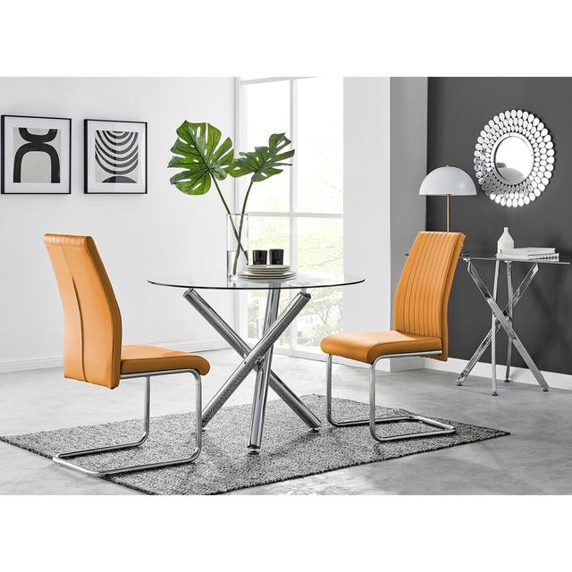 Seline Modern Round Dining Table Set in Glass and Chrome with 2 Upholstered Faux Leather Chairs Canora Grey Colour (Chair): Mustard on Productcaster.