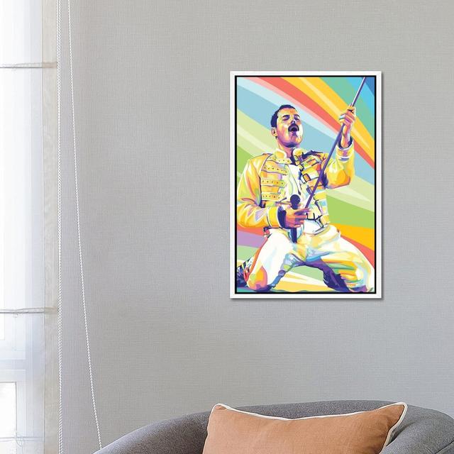 Freddie Mercury On Stage by Dayat Banggai - Print on Canvas Ebern Designs Size: 66.04cm H x 45.72cm W x 3.81cm D, Format: White Framed on Productcaster.