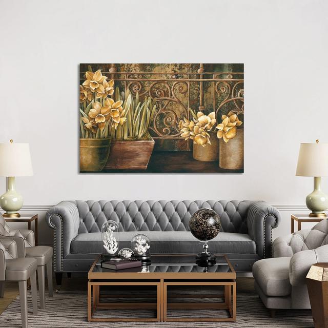 Ironwork with Daffodils by Linda Thompson - Wrapped Canvas Painting Ophelia & Co. Size: 101.6cm H x 152.4cm W x 3.81cm D on Productcaster.