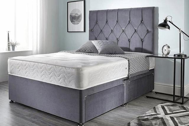 4FT6 Double Grey Plush Divan Bed With 20'' Headboard & 10'' Spring Mattress & 2 Drawers Congdon Rosdorf Park on Productcaster.