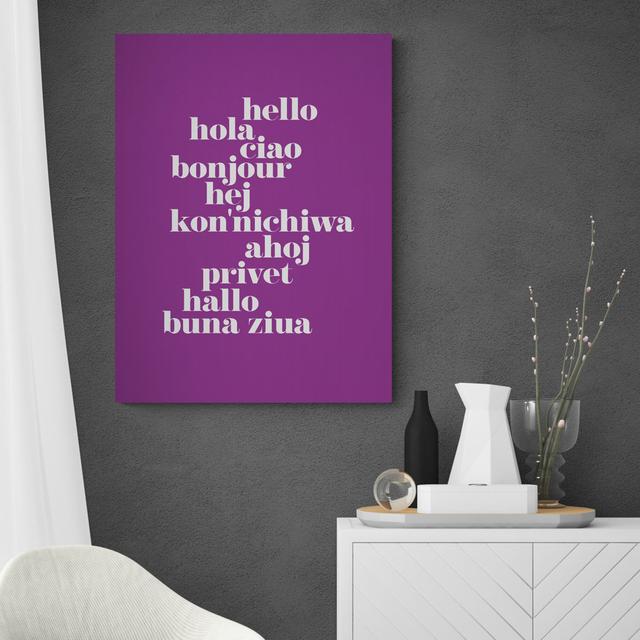 Hello Translated - Wrapped Canvas Typography Happy Larry Size: 41cm H x 31cm W x 4cm D, Colour: Purple on Productcaster.